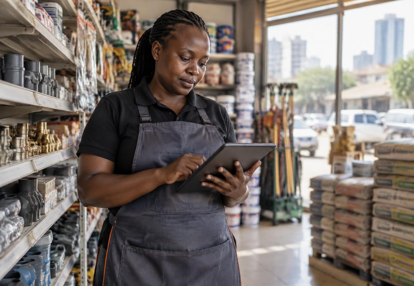 A business owner in Nairobi managing stock on a tablet