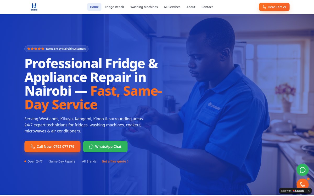 Screenshot of the Hiltech Refrigeration website built by ClintonStack Technologies